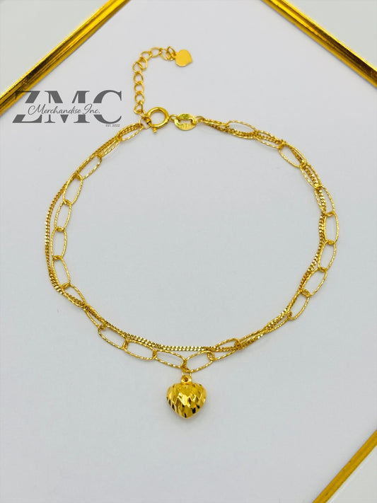 18K Gold Paperclip Double with Heart Charm Bracelet