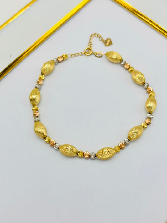 18K Gold Tri-Color Cats Eye Ball and Oval Bracelet