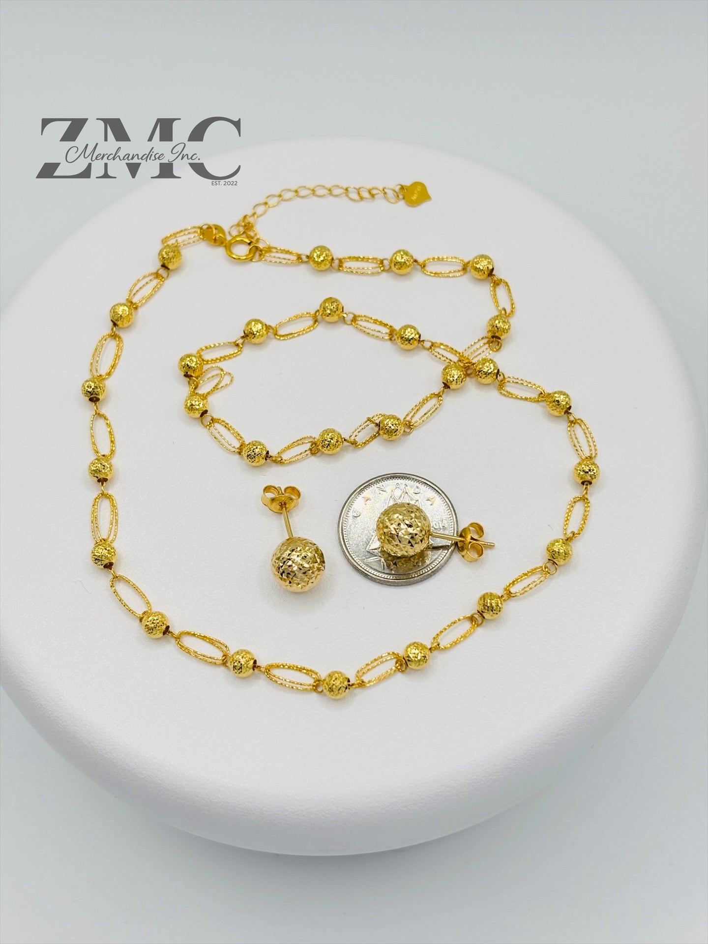 18K Gold Diamond Cut Ball Earrings and Necklace Set