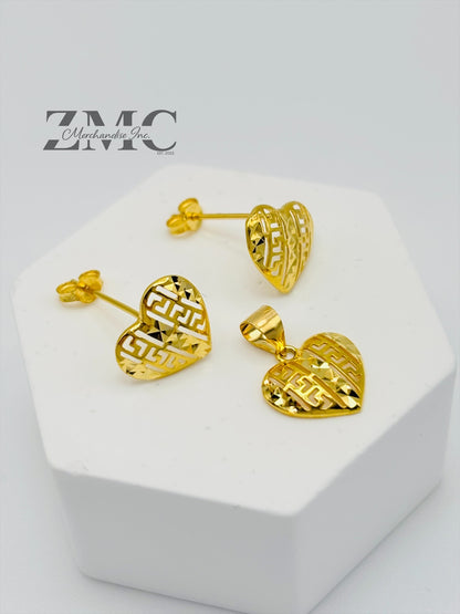 18K Gold Heart Earrings and Pendant Set