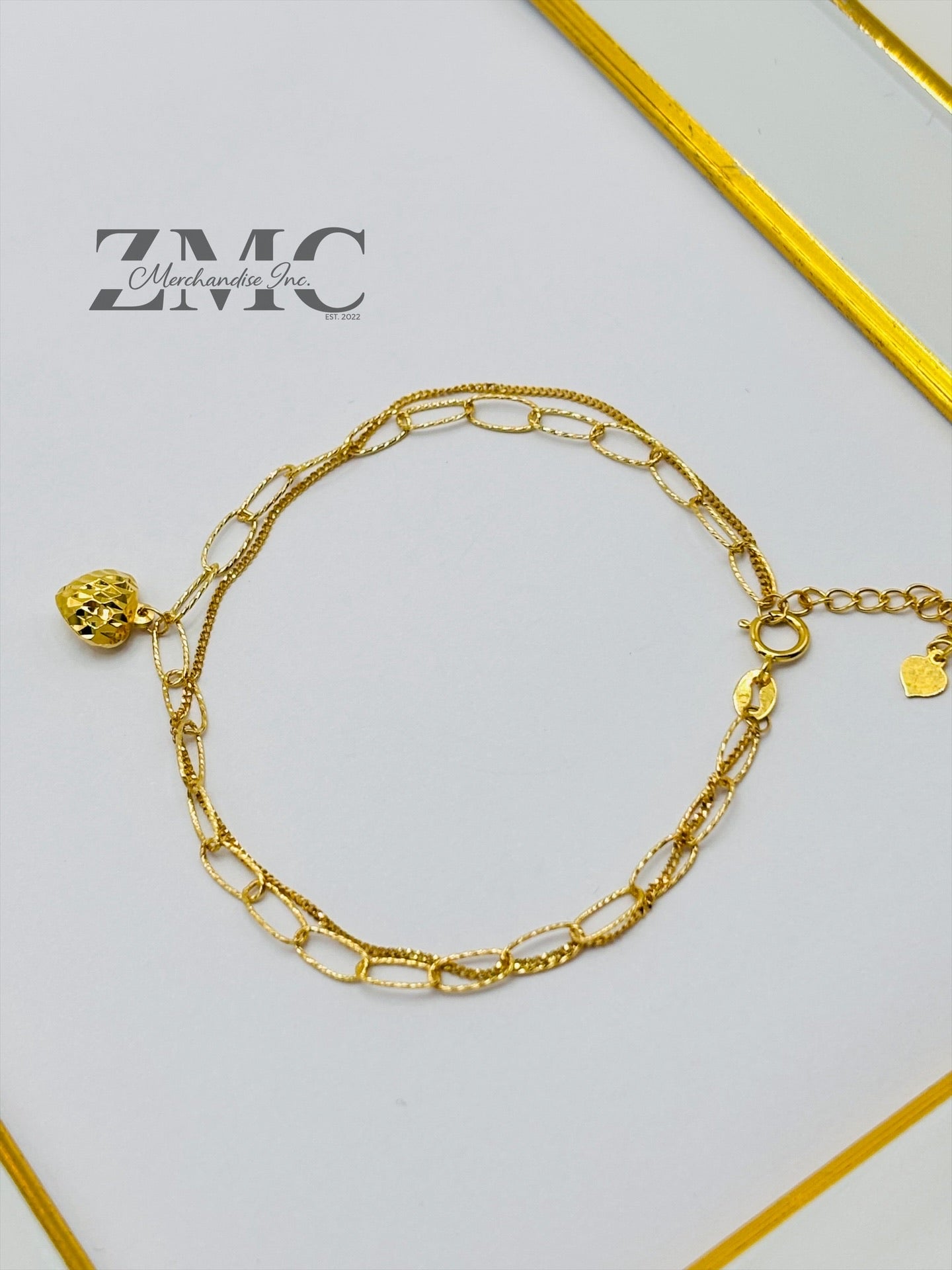 18K Gold Paperclip Double with Heart Charm Bracelet