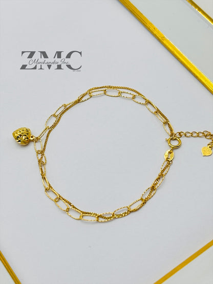 18K Gold Paperclip Double with Heart Charm Bracelet