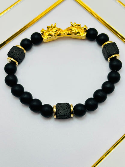 18K Gold  Lucky Dragon Bracelet Lava, Black Obsidian Stone  ( Hollow Empty Inside) XXL
