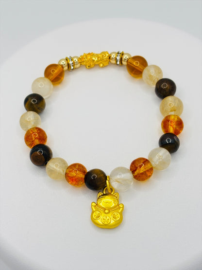 18K Gold Lucky Piyao/ Pi Xiu Citrine, Tiger Eye Bracelet ( Hollow Empty Inside) SMALL PIYAO