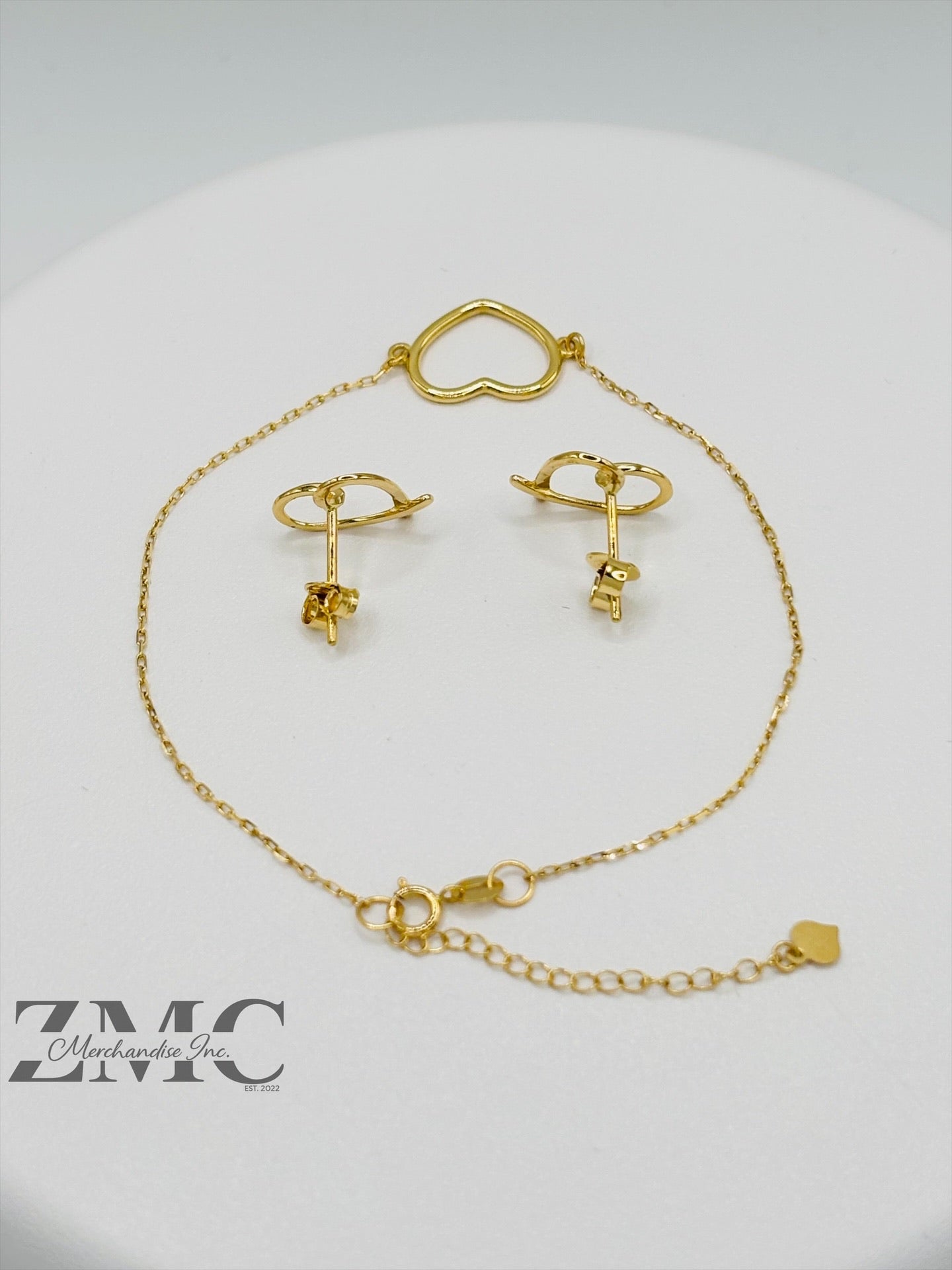 18K Gold Open Heart Earrings and Bracelet Set
