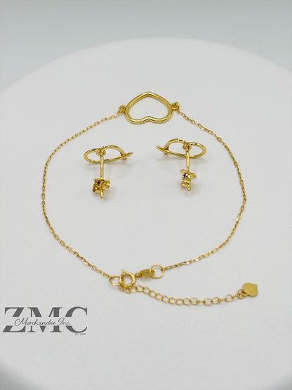 18K Gold Open Heart Earrings and Bracelet Set