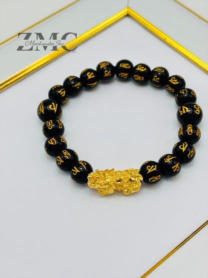 18K Gold Lucky Piyao/ Pi Xiu  Bracelet Black Mantra ( Hollow Empty Inside) Large