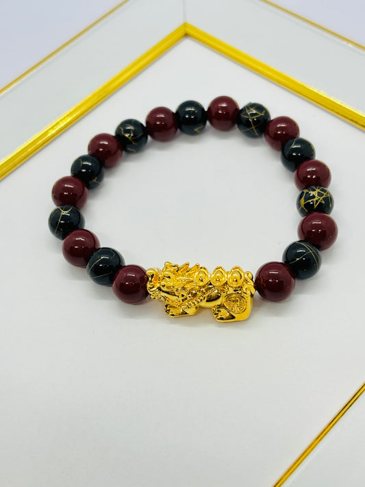 18K Gold  Lucky Piyao/ Pi Xiu Bracelet Red & Black ( Hollow Empty Inside) Extra Large Size
