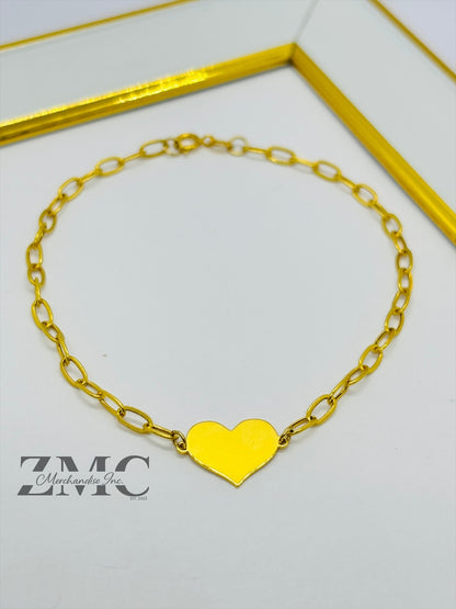 18K Gold Paperclip with Attached Heart Bracelet