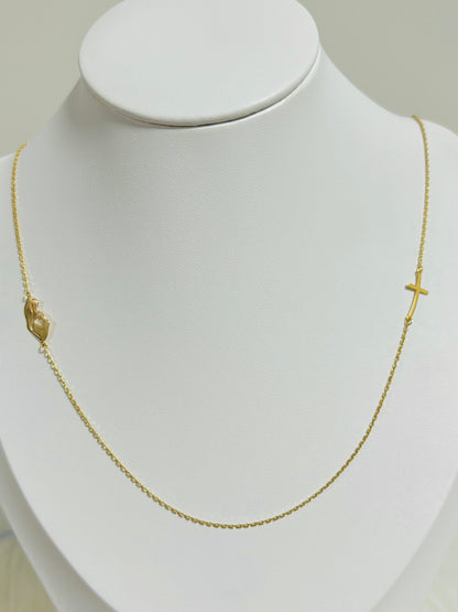 18K Gold Necklace with Attached Pendant Cross and Mama Mary