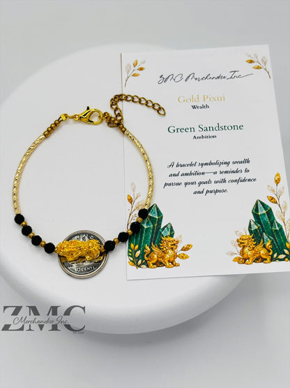 18K Gold Lucky Piyao/ Pi Xiu Green Sandstone Bracelet ( Hollow Empty Inside) Medium