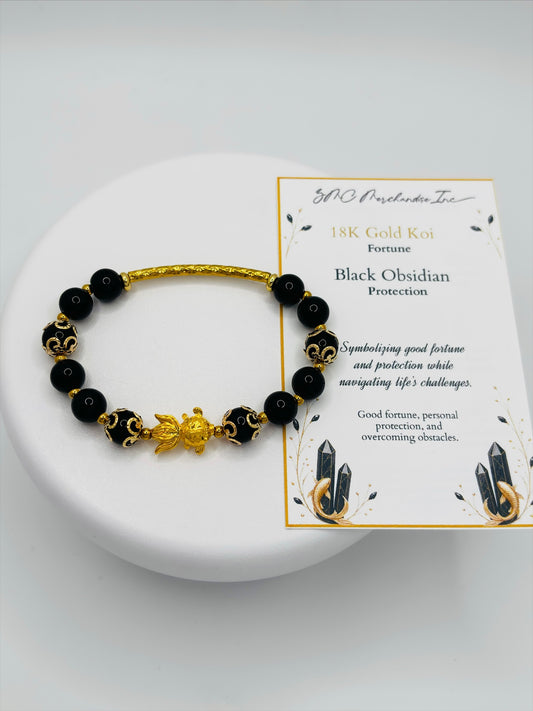 18K Gold Lucky  Koi Fish Black Obsidian Bracelet  ( Hollow Empty Inside)
