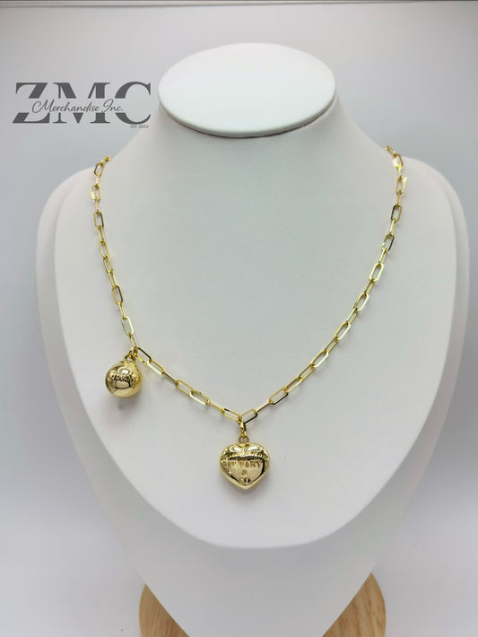 18K Gold Paperclip with Heart and Ball Charm Necklace