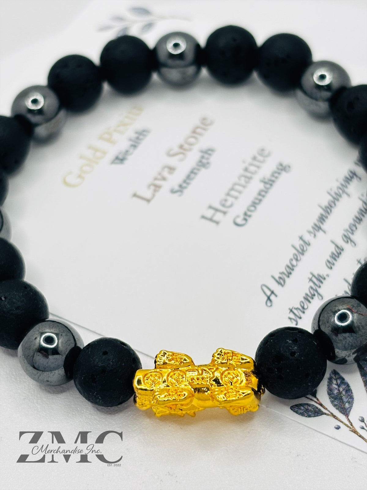 18K Gold Lucky Piyao/ Pi Xiu Blue Lava, Hematite Bracelet ( Hollow Empty Inside) Medium