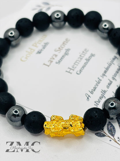 18K Gold Lucky Piyao/ Pi Xiu Blue Lava, Hematite Bracelet ( Hollow Empty Inside) Medium