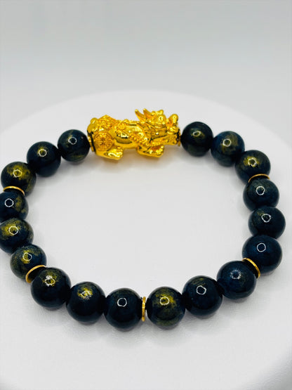 18K Gold Lucky Piyao/ Pi Xiu Dark Blue/Gold Jasper Bracelet( Hollow Empty Inside) XXL PIYAO