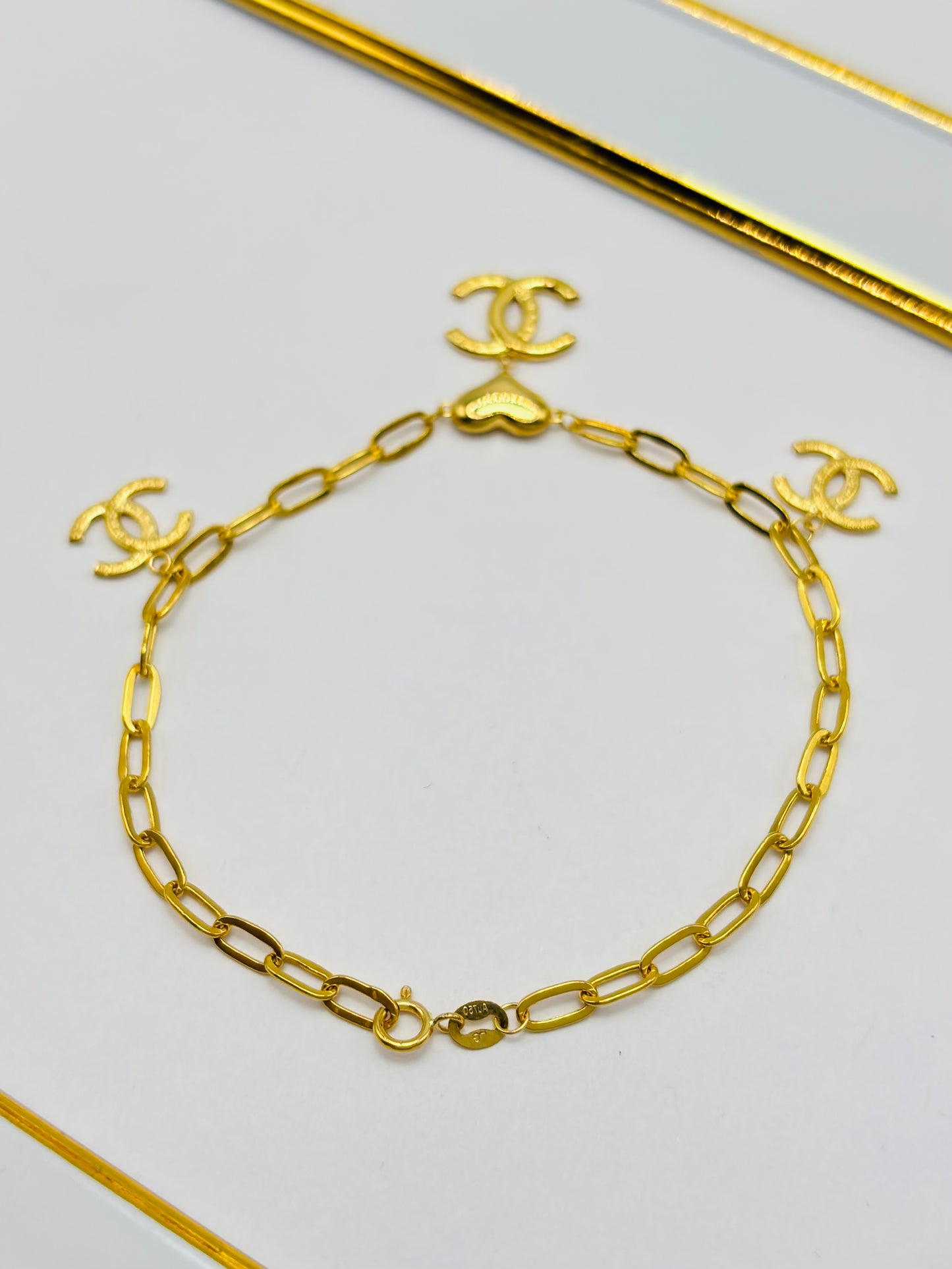 18K Gold Small Link Paperclip with Charm Bracelet