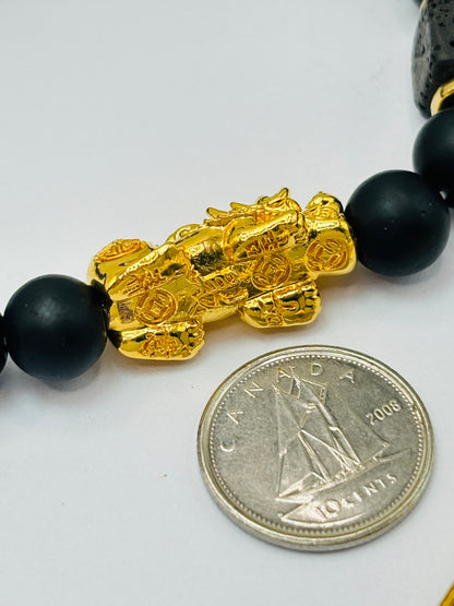 18K Gold  Lucky Piyao/ Pi Xiu Square Lava and Black Agate Stone ( Hollow Empty Inside) Extra Large Size