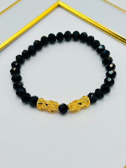 18K Gold  Double Lucky Piyao/ Pi Xiu Black Stone  ( Hollow Empty Inside) Small Size