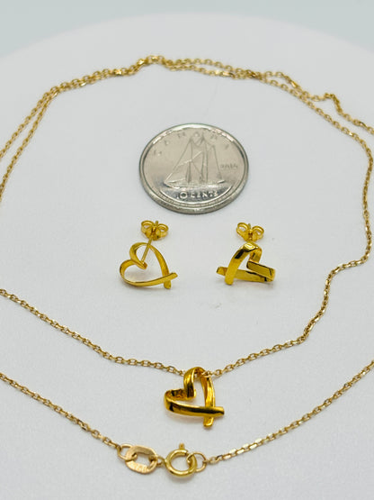 18K Gold Small Open Heart Earrings and Necklace Set