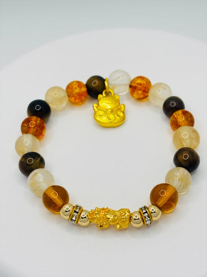 18K Gold Lucky Piyao/ Pi Xiu Citrine, Tiger Eye Bracelet ( Hollow Empty Inside) SMALL PIYAO