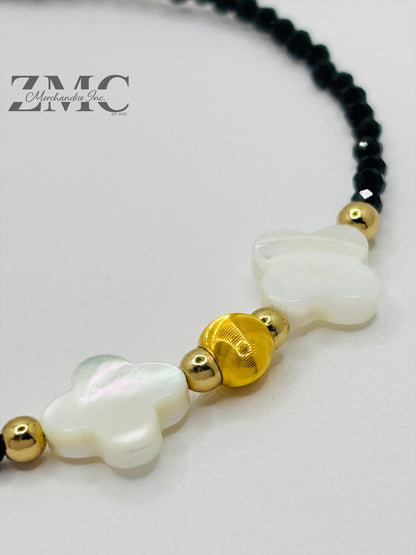 18K Gold Cats Eye Ball with Black Spinel Stone & Four Leaf Fresh Water Pearl