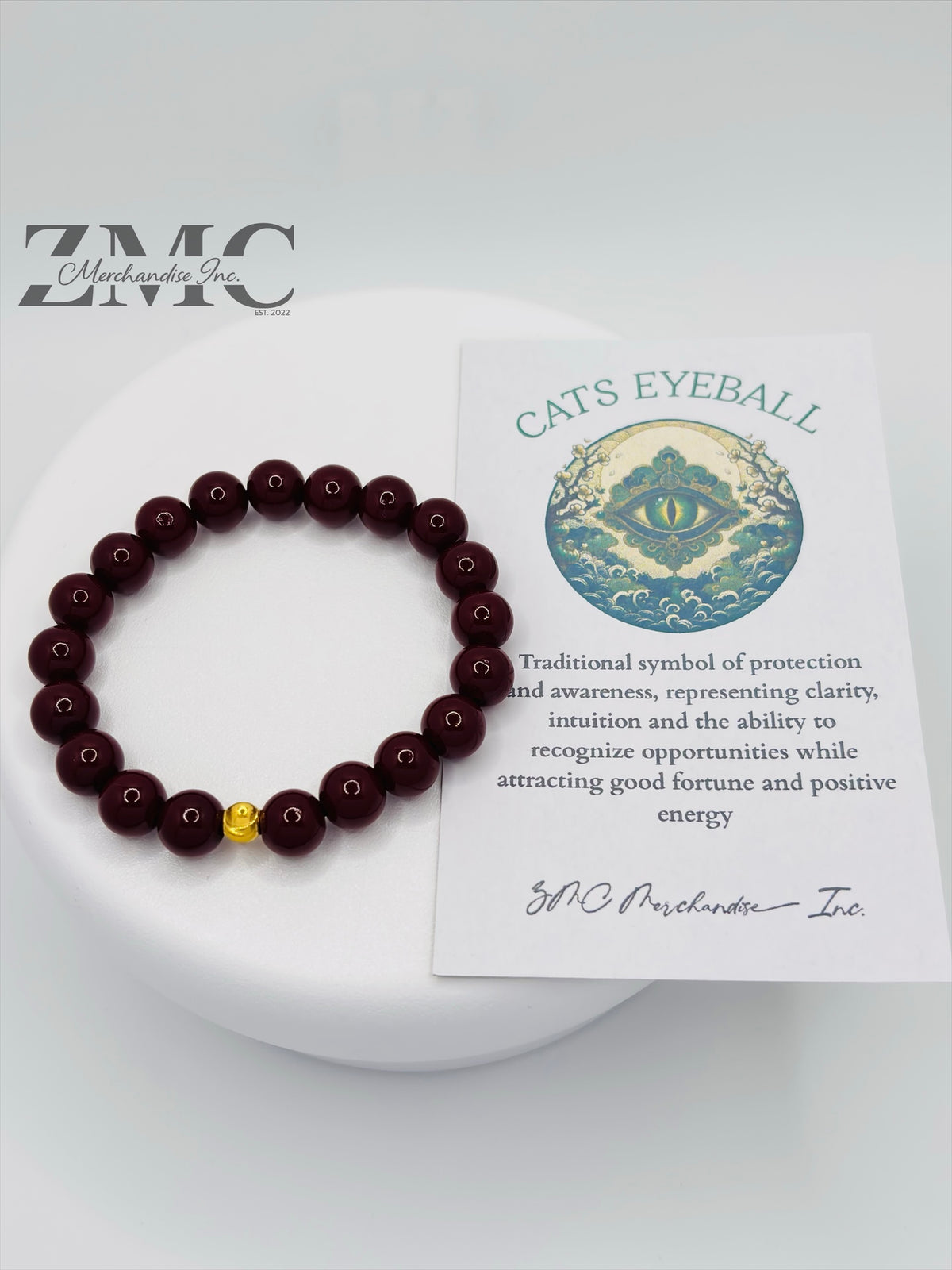 18K Gold Cats Eye Ball with Burgundy Wine Stone