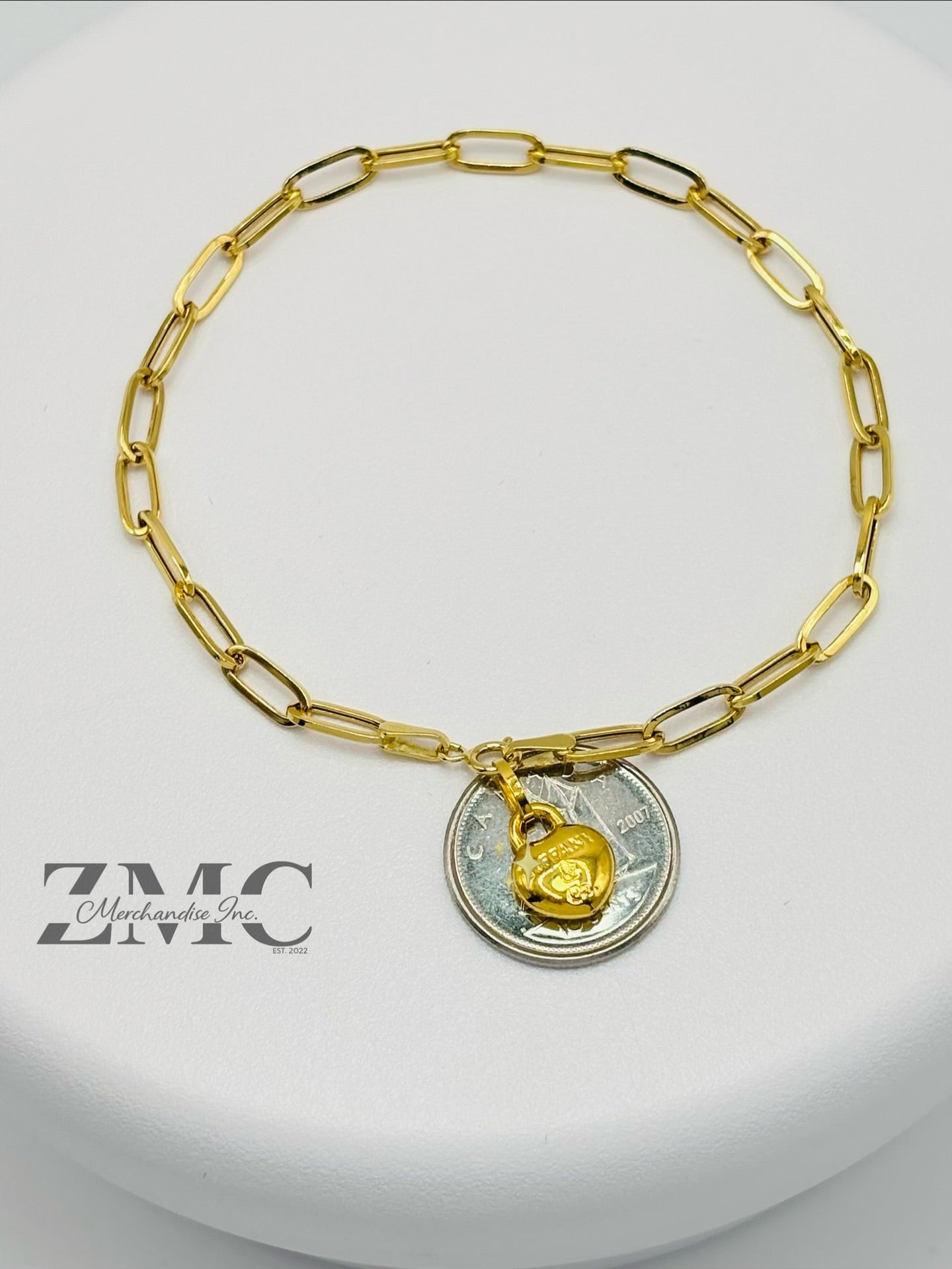 18K Gold Paperclip with Heart Charm Bracelet