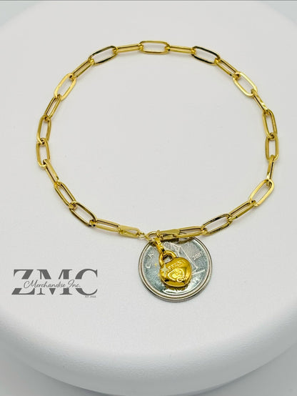 18K Gold Paperclip with Heart Charm Bracelet