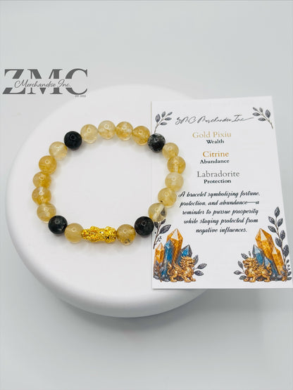 18K Gold Lucky Piyao/ Pi Xiu Citrine Labradorite Bracelet ( Hollow Empty Inside) Medium