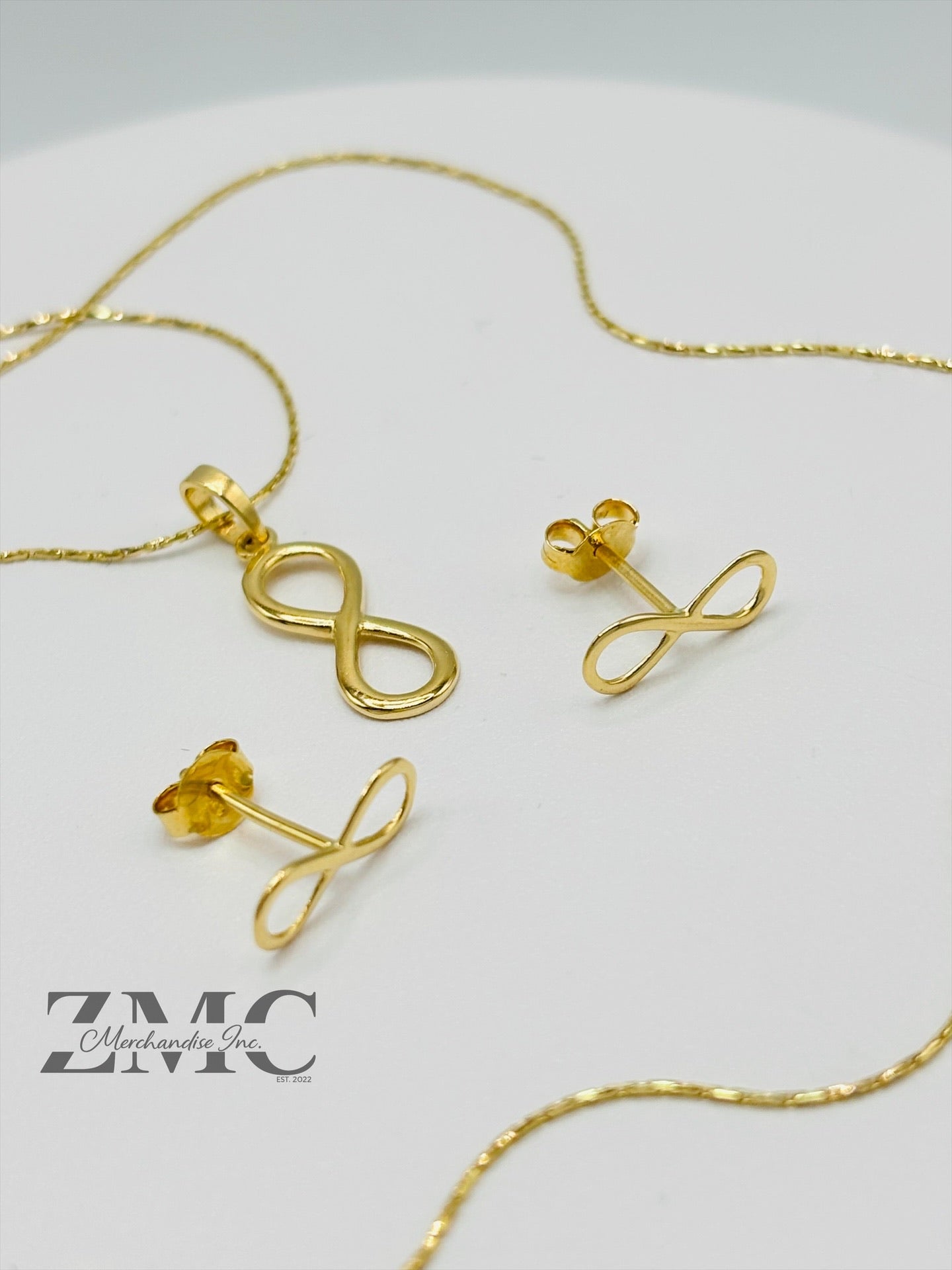 18K Gold Infinity Earrings and Necklace Set