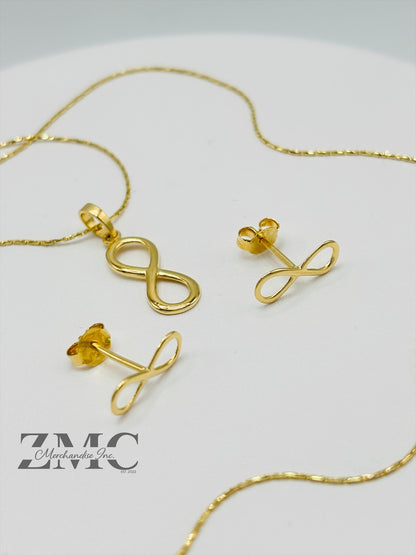 18K Gold Infinity Earrings and Necklace Set