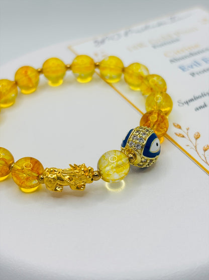 18K Gold Lucky Piyao/ Pi Xiu Citrine Evil Eye Bracelet ( Hollow Empty Inside) Small