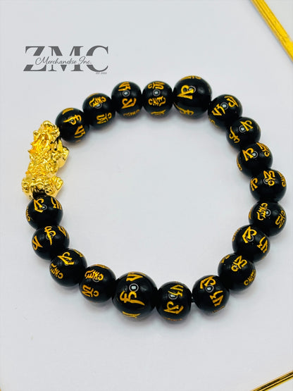 18K Gold Lucky Piyao/ Pi Xiu  Bracelet Black Mantra ( Hollow Empty Inside) Large