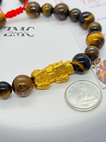 18K Gold Lucky Piyao/ Pi Xiu  Bracelet Tiger Eye Dragon Stone( Hollow Empty Inside) Extra Large Matte