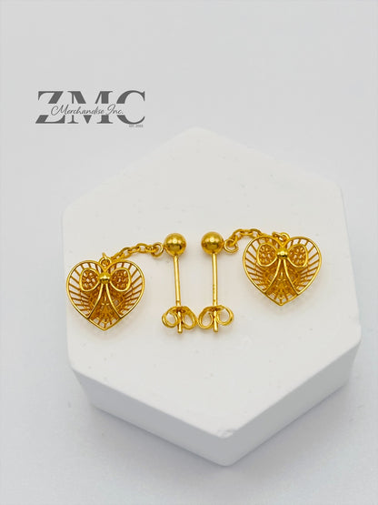 18K Gold Heart Dangling Earrings
