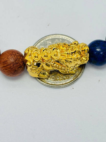 18K Gold  Lucky Piyao/ Pi Xiu Tiger Eye, Lapis Lazuli, Black Obsidian, Woods  ( Hollow Empty Inside) Large Size