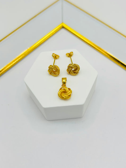 18K Gold Knot Earrings and Pendant Set