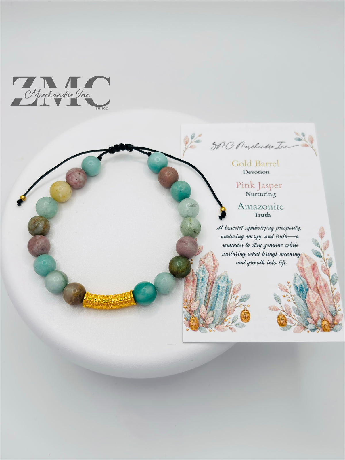 18K Gold  Lucky Baifu Tube Pink Jasper, Amazonite Bracelet  ( Hollow Empty Inside)