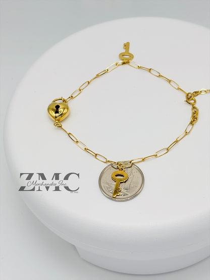 18K Gold Heart and Key Bracelet
