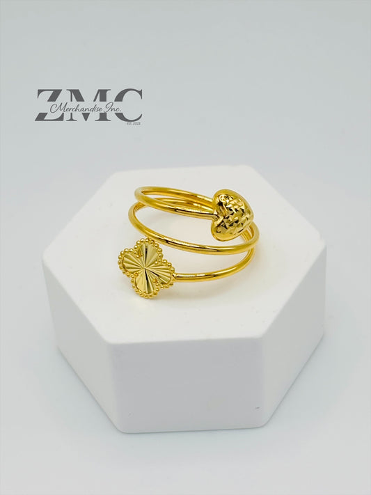 18K Gold Clover & Heart Spiral Ring