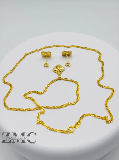 18K Gold Clover Earrings and Necklace Set