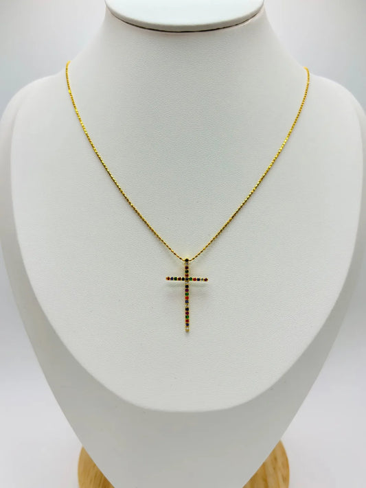 18K Gold Multicolor Cross Necklace