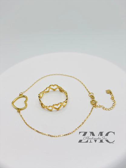 18K Gold Open Heart Ring and Bracelet Set