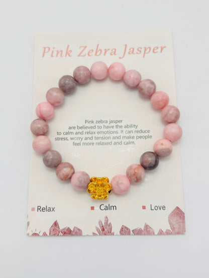 18K Gold Lucky Lotus Flower Bracelet Pink Zebra Jasper Stone ( Hollow Empty Inside)
