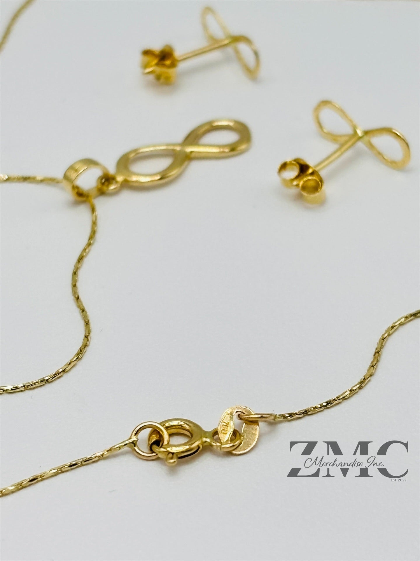 18K Gold Infinity Earrings and Necklace Set