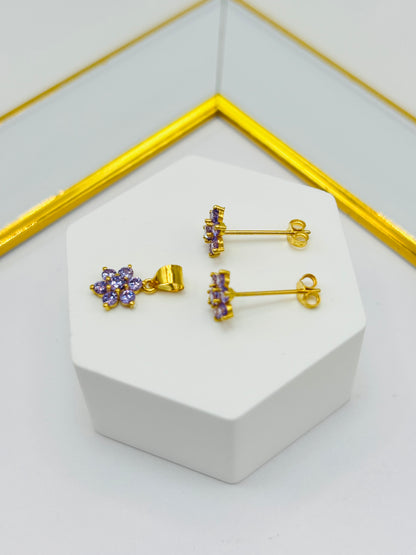 18K Gold Flower Stone Earrings and Pendant Set (Purple)