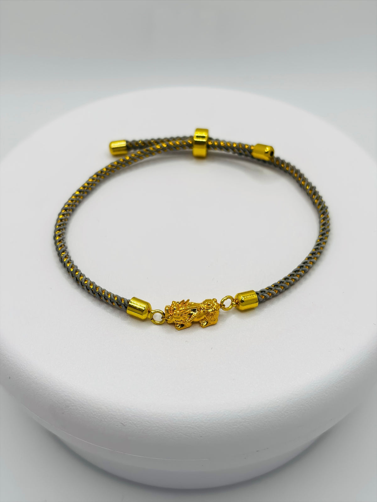 18K Gold Lucky Piyao/ Pi Xiu Gold/Gray String Bracelet ( Hollow Empty Inside) Small