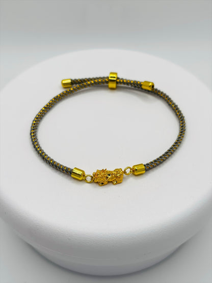 18K Gold Lucky Piyao/ Pi Xiu Gold/Gray String Bracelet ( Hollow Empty Inside) Small