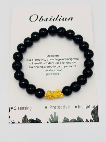 18K Gold Lucky Piyao/ Pi Xiu Black Obsidian Stone ( Hollow Empty Inside) Medium Size